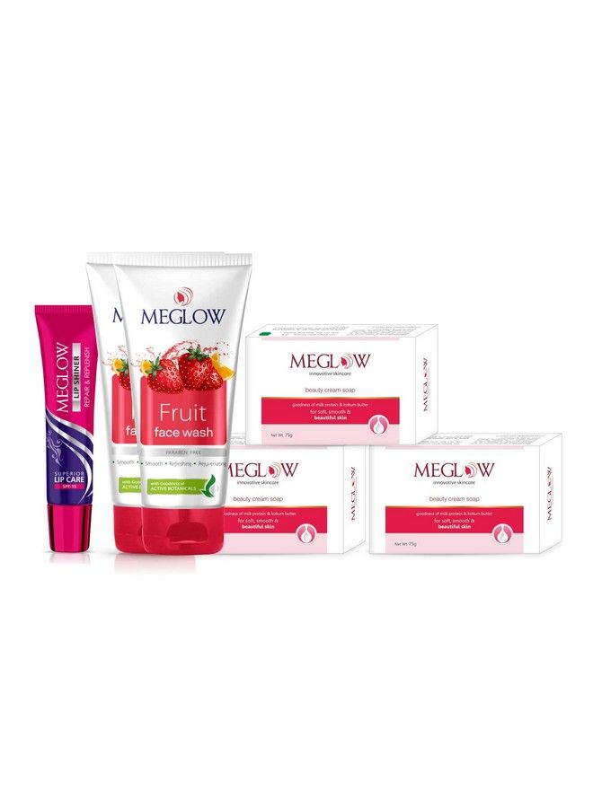 MEGLOW Skincare Combo Pack Of 6 Beauty Soap ((3)75G) With Avocado Oil And Viatmin C; Fruit Facewash ((2)70G) With Natural Fruit Extracts; Lip Shiner (15G) With Almond Oil Jojoba Oil And Vitamin E - Image 2