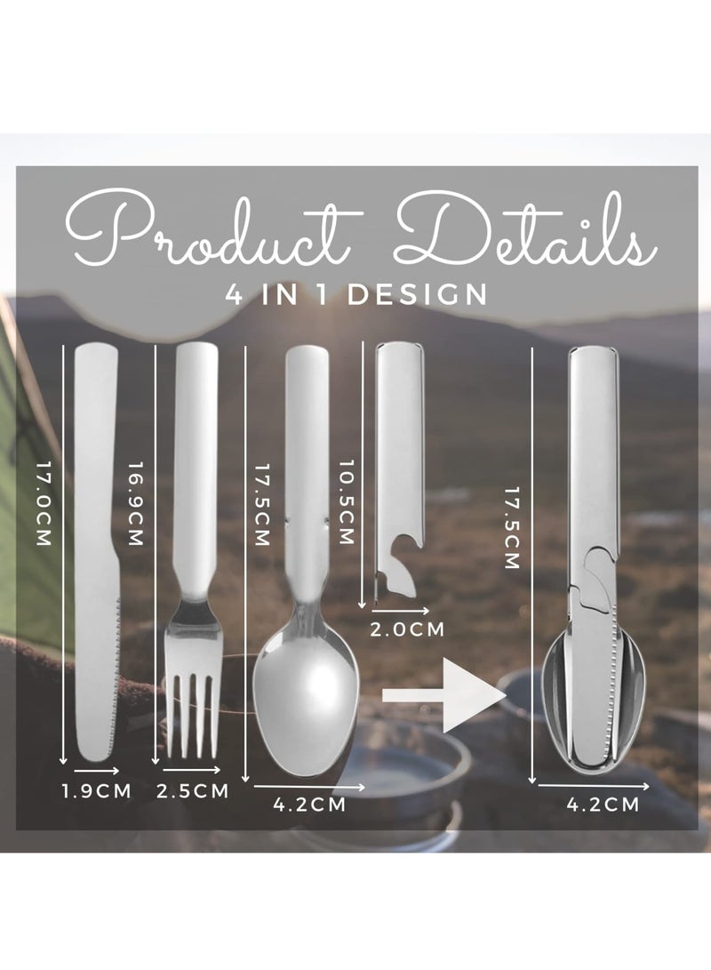 Zikra 4 Pieces Camping Utensils,Outdoor Portable Stainless Steel Spoon,Fork & Bottle Opener Combo Camping Utensil Set for Hiking Camping Travel Functional Eating Multi-Tool - Image 2