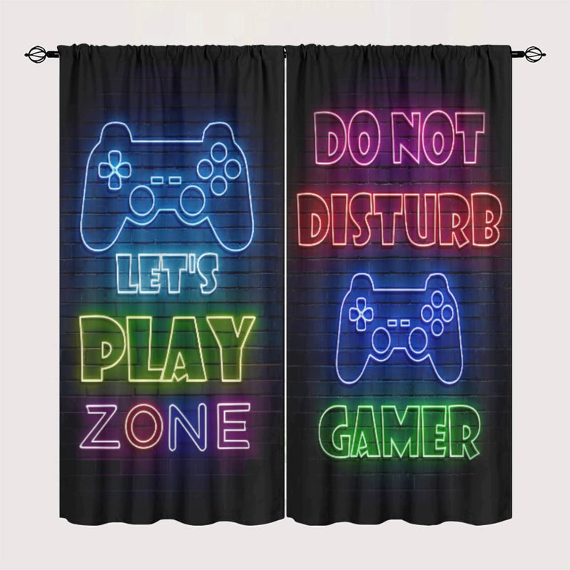 GY Gamepad Gamer Curtains Energy Efficient Thermal Insulated Blackout Curtain Video Games Controller Neon Sign Design Window Curtain Drape Thermal Insulated Printed Curtain 52x63 Inch