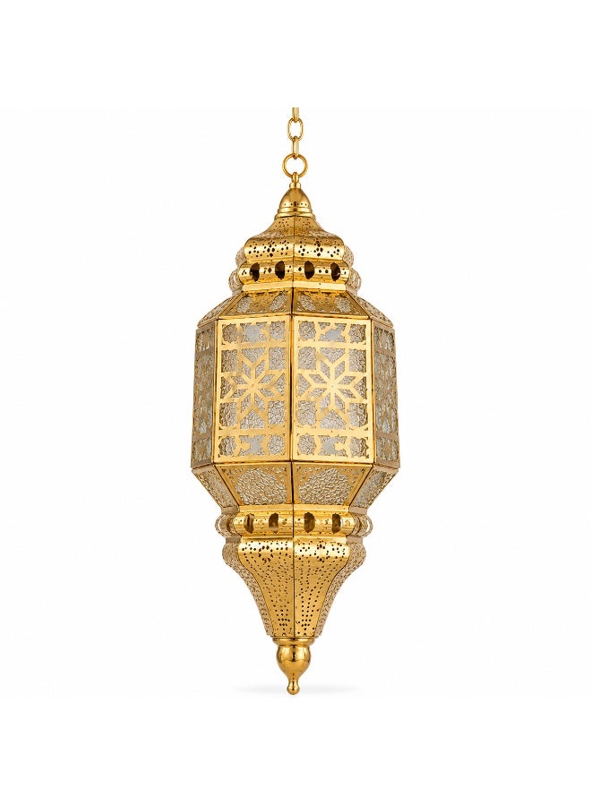 Moroccan Style Gold Hanging Lantern with Chain – Hexagonal Pierced Metal Pendant Lamp - Image 3
