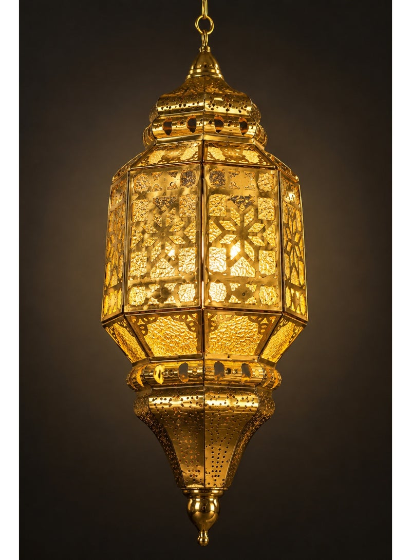 Moroccan Style Gold Hanging Lantern with Chain – Hexagonal Pierced Metal Pendant Lamp - Image 1