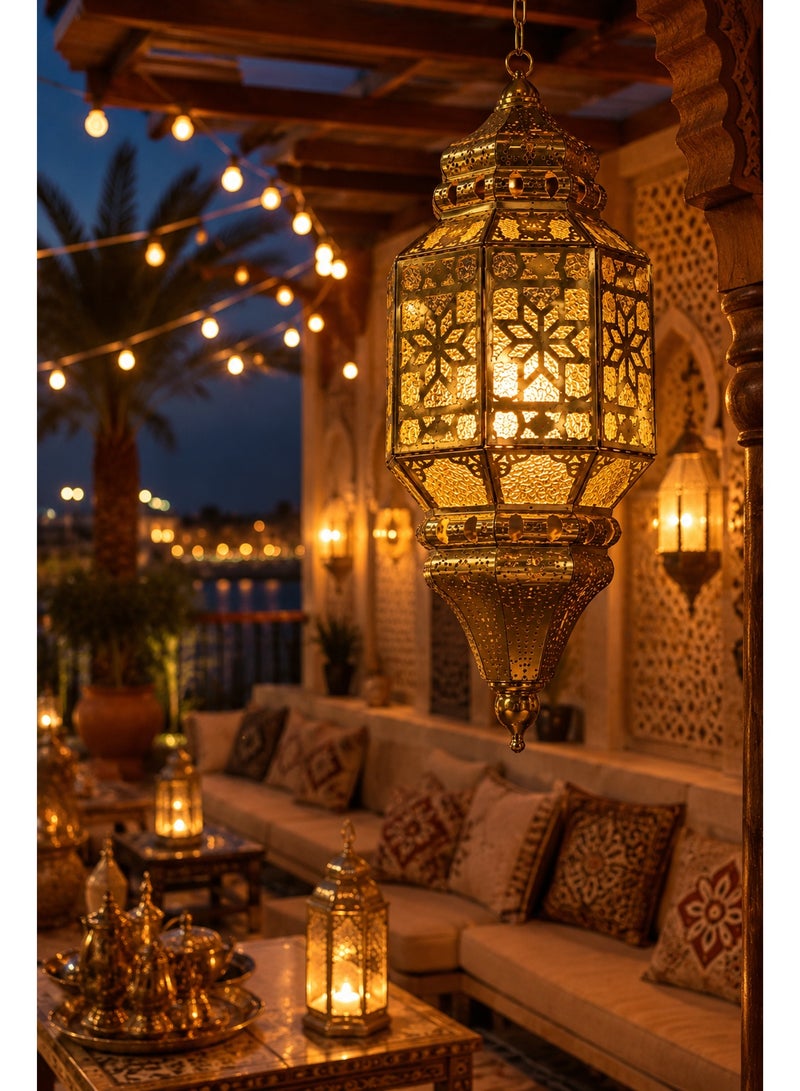 Moroccan Style Gold Hanging Lantern with Chain – Hexagonal Pierced Metal Pendant Lamp - Image 5