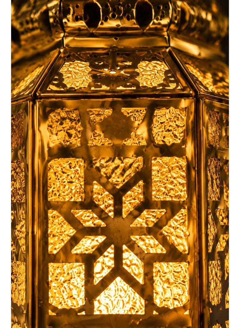 Moroccan Style Gold Hanging Lantern with Chain – Hexagonal Pierced Metal Pendant Lamp - Image 4