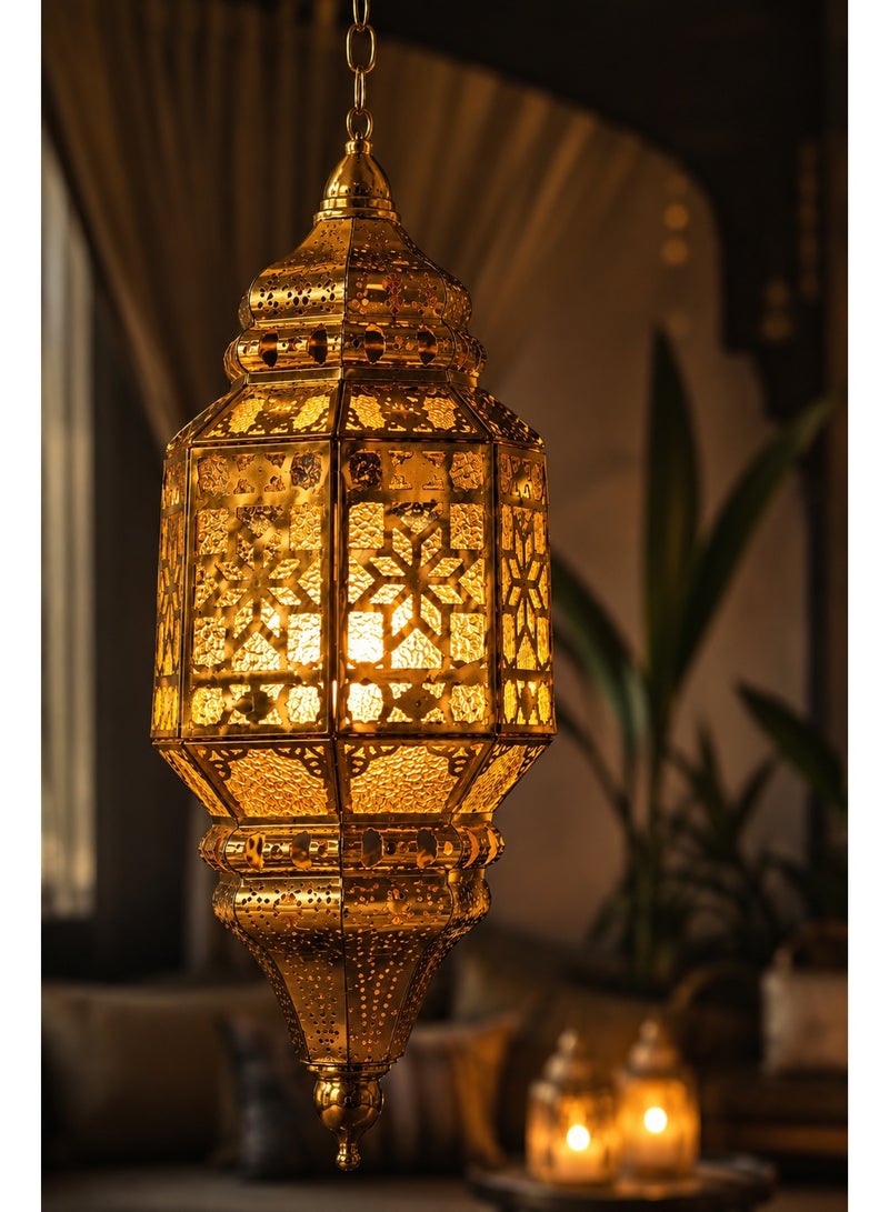 Moroccan Style Gold Hanging Lantern with Chain – Hexagonal Pierced Metal Pendant Lamp - Image 2