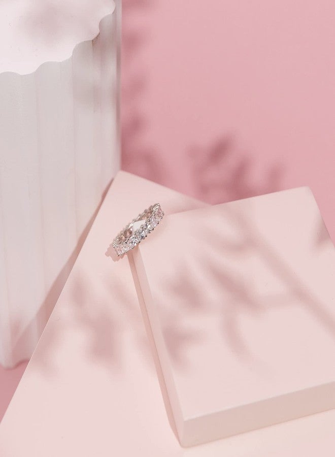 PAVOI Rhodium Plated Princess Cut Cubic Zirconia Love Ring - 3mm Stackable Bands for Women - Gold Eternity Rings for Women, Size 7 - Image 4