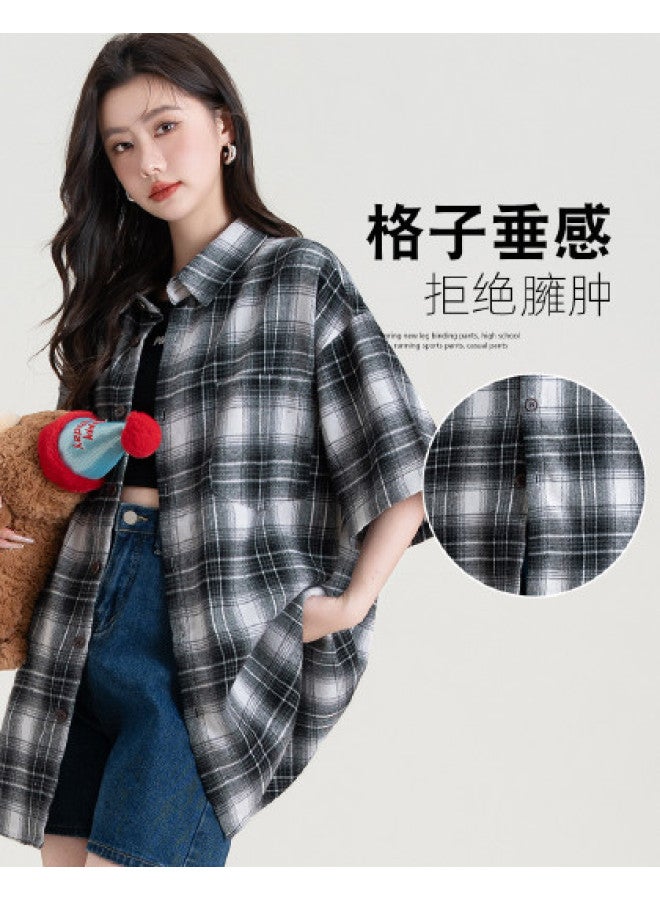 Baleno Classic Plaid Color-block Shirt - Korean Style Versatile Summer Thin Women's Short-sleeve Oversized Slimming Lazy Shirt - Image 1