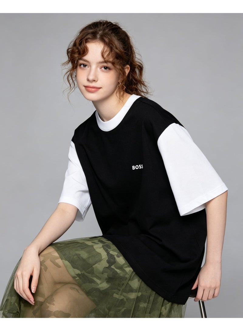 BOSS Men Contrast Color Short Sleeve Crew Neck Casual Loose Fit Daily Wear T-Shirt Black White - Image 2