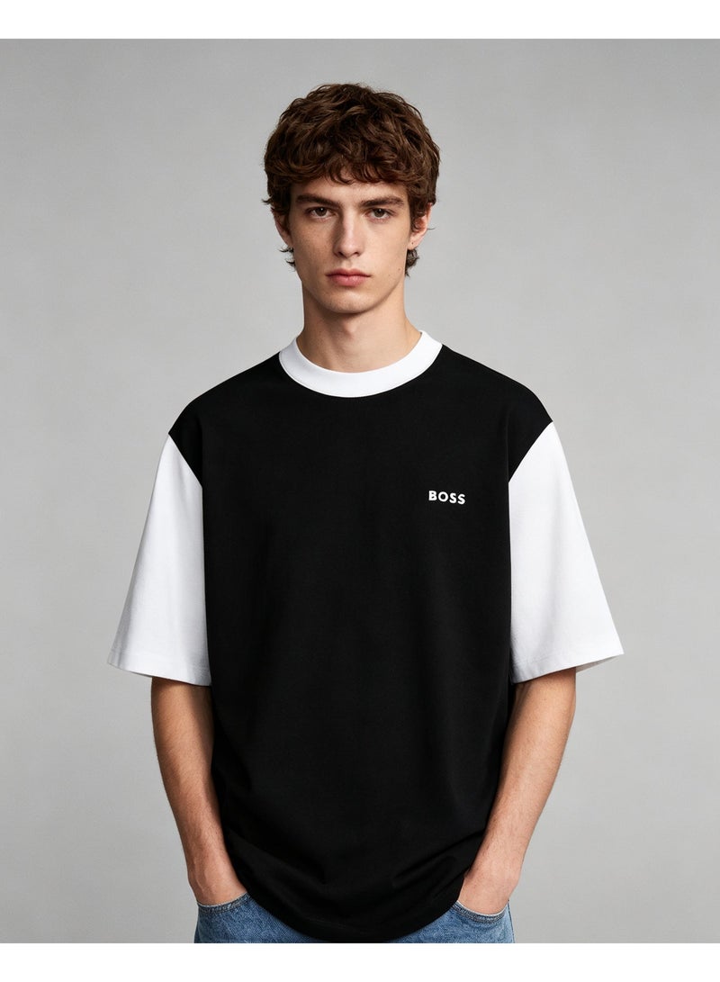 BOSS Men Contrast Color Short Sleeve Crew Neck Casual Loose Fit Daily Wear T-Shirt Black White - Image 1