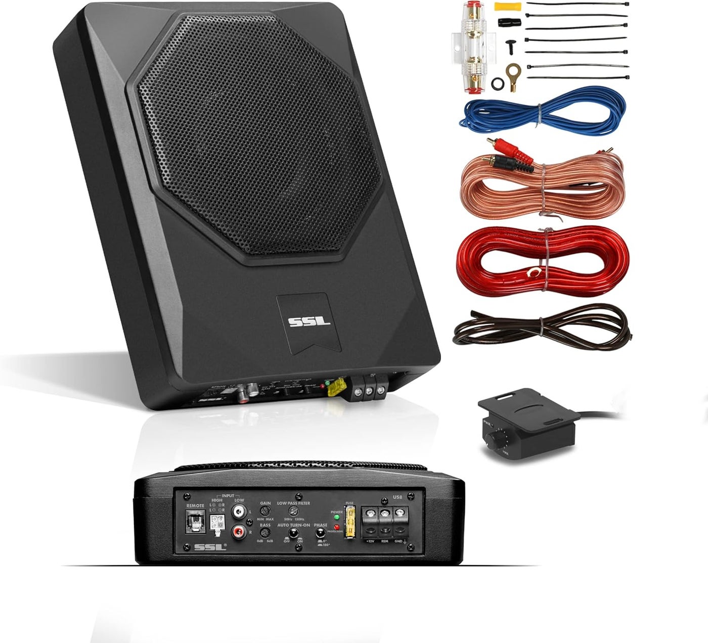 Sound Storm Laboratories US8K 8 Inch Under Seat Powered Car Audio Subwoofer - 800 Watts Max, Low Profile, Built-in Amplifier, Remote Control