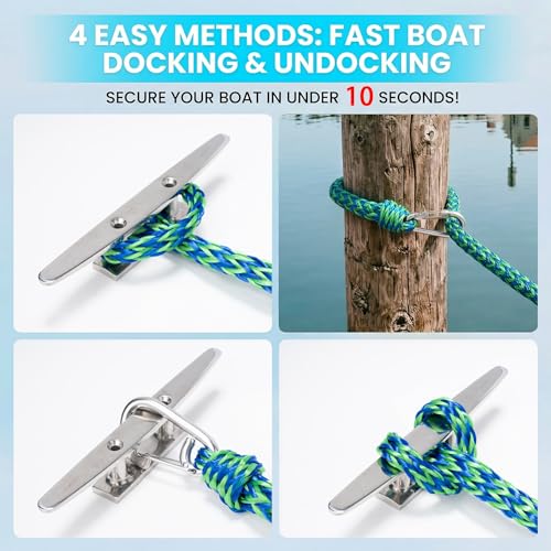 Obcursco Heavy Duty Boat Dock Lines (7ft & 14ft) - 1/2" Marine Mooring Rope with 316 Stainless Steel Clip - Accessories for PWC, Pontoon, Center Console, Jet Ski (Green/Blue, 2 Pack) - Image 5
