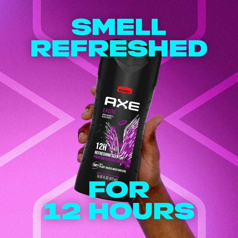 AXE Body Wash 4 Count 12h Refreshing Scent Excite Crisp Coconut & Black Pepper Men's Body Wash with 100% Plant-Based Moisturizers 16 oz - Image 5
