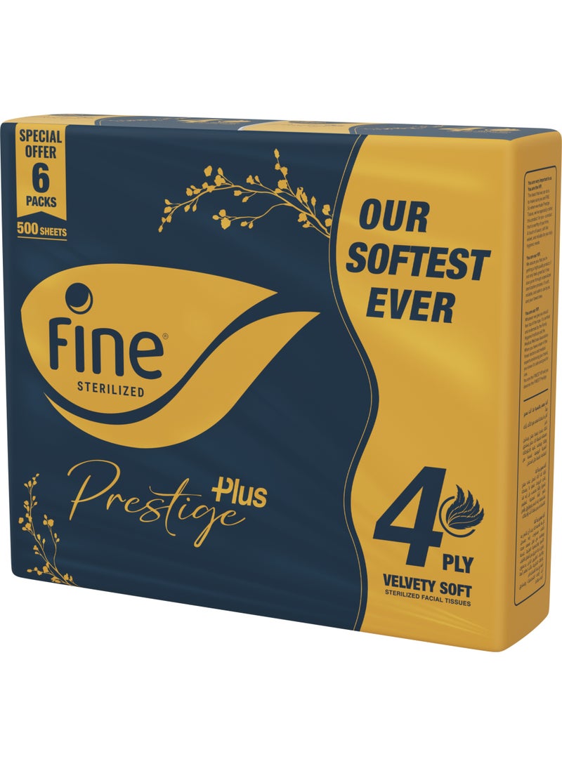 Fine Prestige Plus Facial Tissues, 4-Ply, 500 Sheets, Nylon Pack of 6. Our Softest Ever, Sterilized for Hygiene
