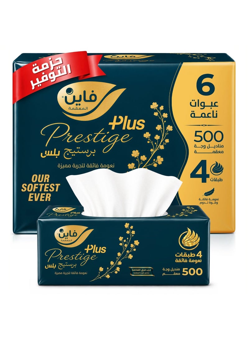 Fine Prestige Plus Facial Tissues, 4-Ply, 500 Sheets, Nylon Pack of 6. Our Softest Ever, Sterilized for Hygiene - Image 1