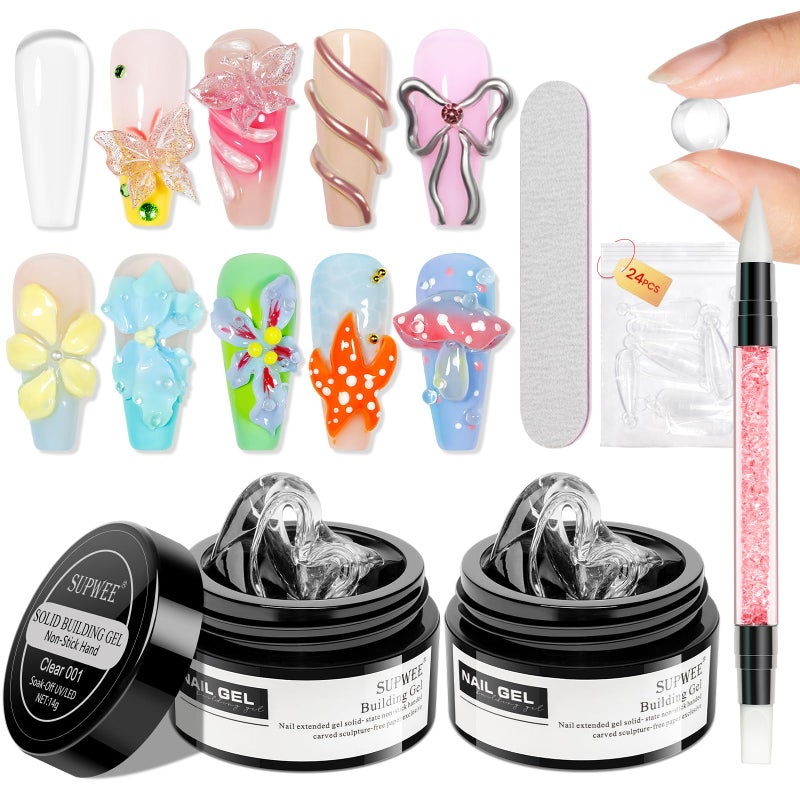 SUPWEE 2PCS Clear 3D Sculpting Gel Non-Stick Hand Solid Builder 3D Nail Gel Art with Silicone Pen for 3D Modeling Nail Art Home Manicure DIY for Women - Image 1