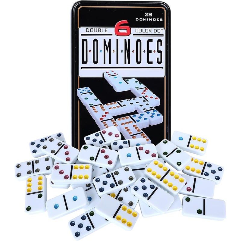 Offelec Double Six Dominoes, 28 Tile Colored Dots Domino Game Set with Tin Box, Classic Family Board Games for Kids, Adults and Families for 2-4 Players - Image 1