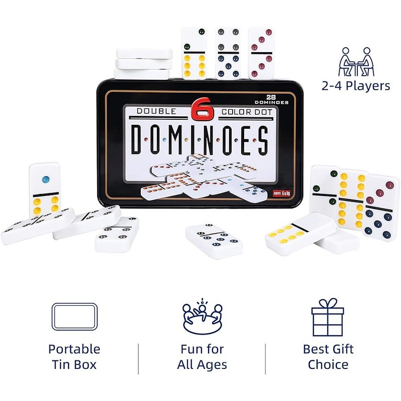 Offelec Double Six Dominoes, 28 Tile Colored Dots Domino Game Set with Tin Box, Classic Family Board Games for Kids, Adults and Families for 2-4 Players - Image 4