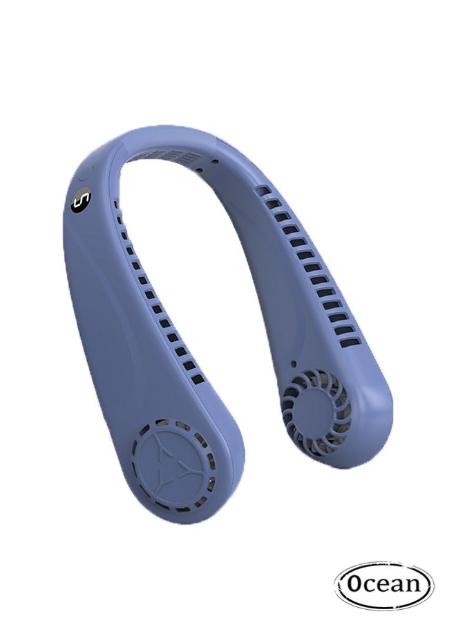 جي أس مروحة رقبة محمولة مع شاشة LED، مروحة رقبة خالية من اليدين، 5 سرعات قابلة للضبط USB قابلة لإعادة الشحن بطارية شخصية مزودة بميزة المكتب/السفر/الرياضة/المنزل/الهواء الطلق، أزرق - Image 1