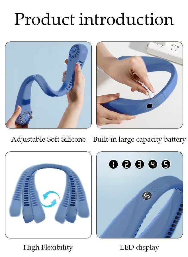 جي أس مروحة رقبة محمولة مع شاشة LED، مروحة رقبة خالية من اليدين، 5 سرعات قابلة للضبط USB قابلة لإعادة الشحن بطارية شخصية مزودة بميزة المكتب/السفر/الرياضة/المنزل/الهواء الطلق، أزرق - Image 4