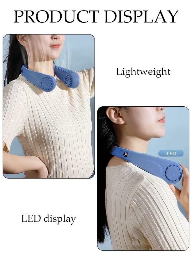 جي أس مروحة رقبة محمولة مع شاشة LED، مروحة رقبة خالية من اليدين، 5 سرعات قابلة للضبط USB قابلة لإعادة الشحن بطارية شخصية مزودة بميزة المكتب/السفر/الرياضة/المنزل/الهواء الطلق، أزرق - Image 3