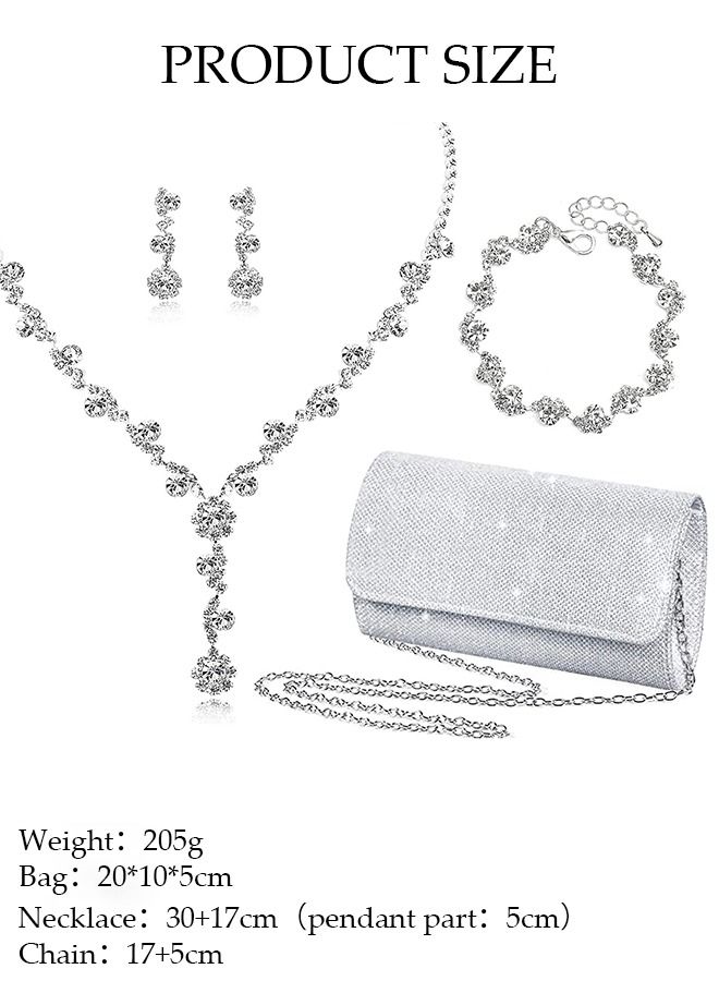DUNISO 4 Pcs Silver Rhinestone Jewelry Set for Women Glitter Evening Clutch Envelope Purse Wavy Design Necklace Earrings Bracelet Set for Ladies Dinner Party Date Wedding - Image 4