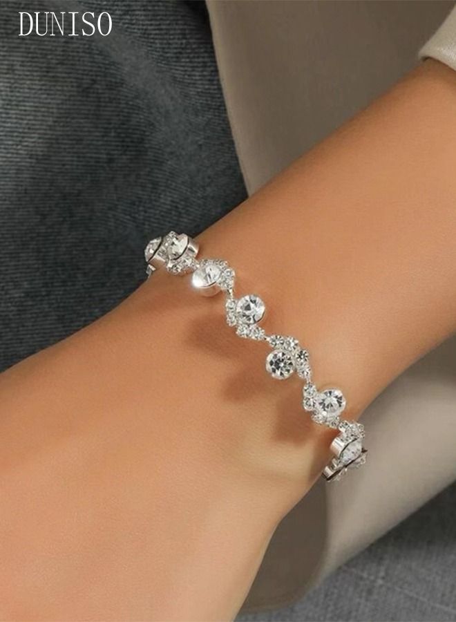 DUNISO 4 Pcs Silver Rhinestone Jewelry Set for Women Glitter Evening Clutch Envelope Purse Wavy Design Necklace Earrings Bracelet Set for Ladies Dinner Party Date Wedding - Image 3