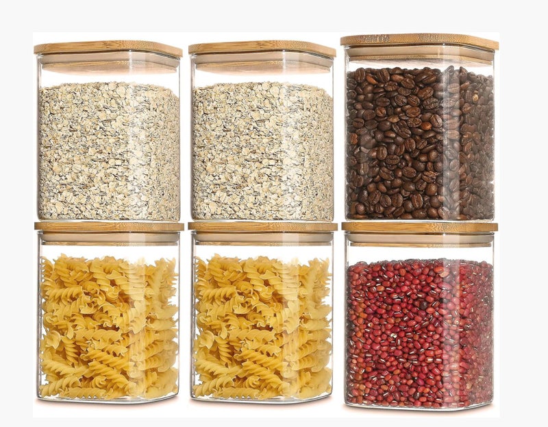MARTVIA 750ML Glass Food Storage Containers with Airtight Bamboo Lid, Thickened Coffee Storage Jars for Home Kitchen, Pantry Tea, Spices, Snack (750ML, Set of 6), Transparent - Image 1
