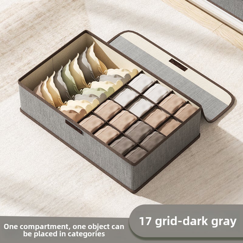 Underwear Storage Box, Cotton and Linen Six-Square Grids Intimates Storage Box with Lid, Intimates Box, Divided Drawer Style Sock Box(Dark gray 17 cells) - Image 1