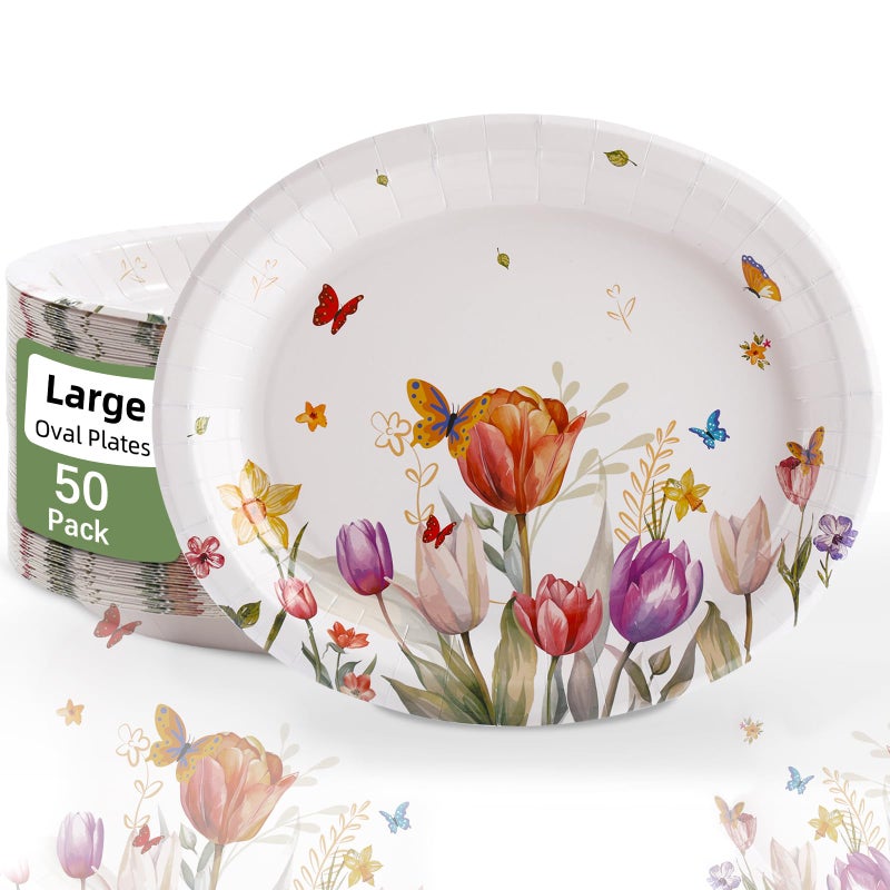 VEIZEDD 50Pcs Spring Flower Plates 10"" x 12""Oval Tulip Floral Paper Plates Heavy Duty Large Easter Butterfly Dinnerware for Bridal Baby Shower Spring Summer Tea Party Decoration - Image 1