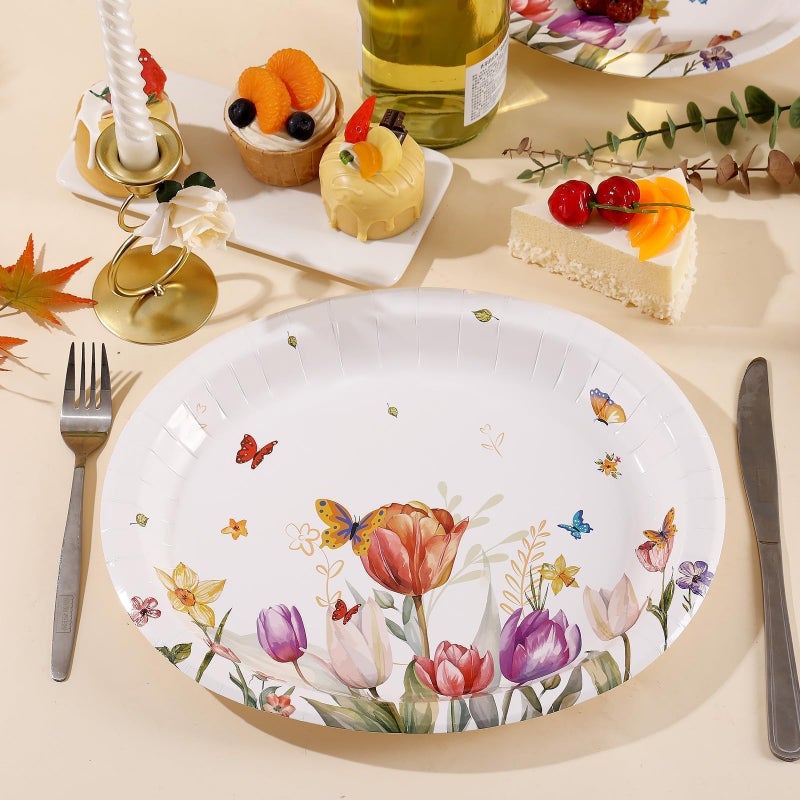 VEIZEDD 50Pcs Spring Flower Plates 10"" x 12""Oval Tulip Floral Paper Plates Heavy Duty Large Easter Butterfly Dinnerware for Bridal Baby Shower Spring Summer Tea Party Decoration - Image 3