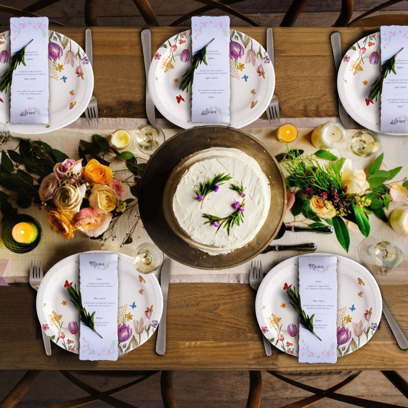 VEIZEDD 50Pcs Spring Flower Plates 10"" x 12""Oval Tulip Floral Paper Plates Heavy Duty Large Easter Butterfly Dinnerware for Bridal Baby Shower Spring Summer Tea Party Decoration - Image 5
