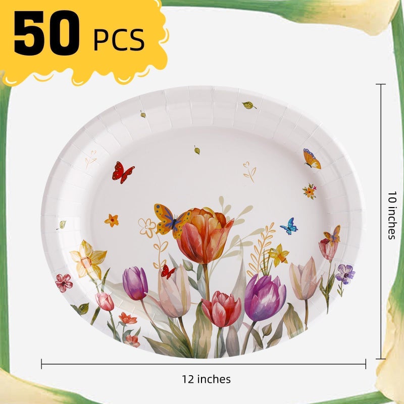 VEIZEDD 50Pcs Spring Flower Plates 10"" x 12""Oval Tulip Floral Paper Plates Heavy Duty Large Easter Butterfly Dinnerware for Bridal Baby Shower Spring Summer Tea Party Decoration - Image 2