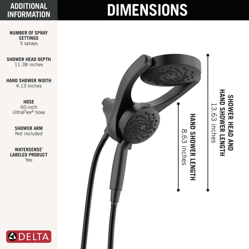 Delta 5-Setting HydroRain 2-in-1 Dual Shower Head with ProClean Spray, Matte Black High Pressure Shower Head with Handheld Spray, 1.75 GPM Flow Rate, Matte Black 75419BL - Image 5