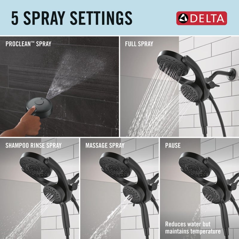 Delta 5-Setting HydroRain 2-in-1 Dual Shower Head with ProClean Spray, Matte Black High Pressure Shower Head with Handheld Spray, 1.75 GPM Flow Rate, Matte Black 75419BL - Image 4