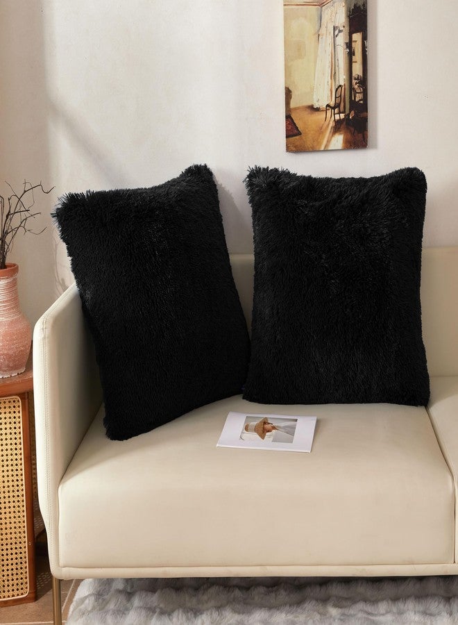 XeGe 26x26 Fluffy Faux Fur Euro Throw Pillow Covers, Pack of 2 Shaggy Fuzzy Soft Euro Pillow Shams with Zipper, Large Farmhouse Plush Furry Square Cushion Covers Decorative Home Accent, Black - Image 1