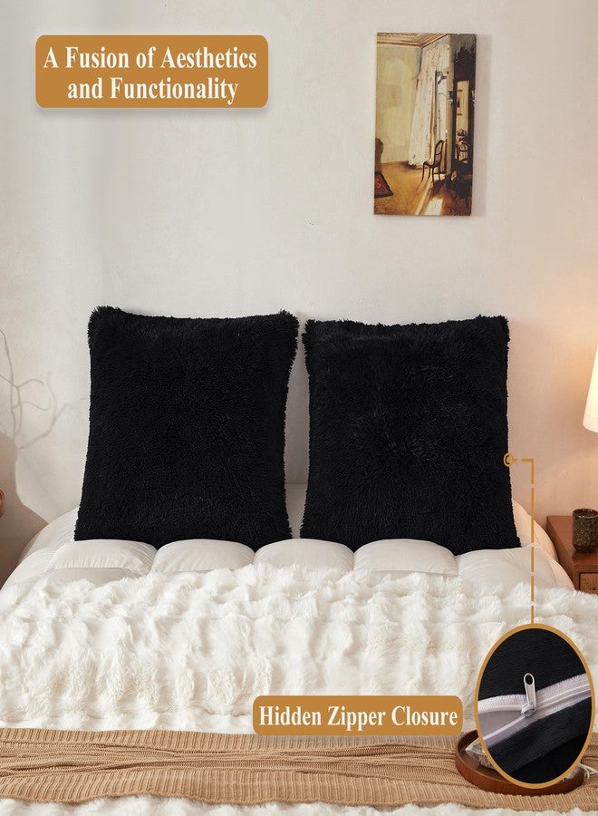 XeGe 26x26 Fluffy Faux Fur Euro Throw Pillow Covers, Pack of 2 Shaggy Fuzzy Soft Euro Pillow Shams with Zipper, Large Farmhouse Plush Furry Square Cushion Covers Decorative Home Accent, Black - Image 5