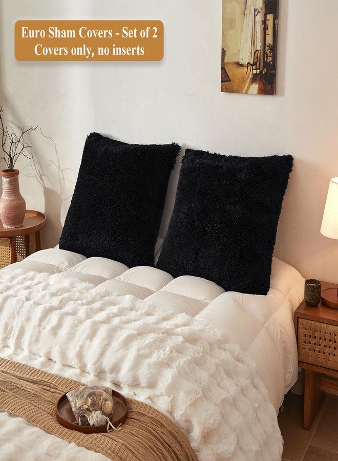 XeGe 26x26 Fluffy Faux Fur Euro Throw Pillow Covers, Pack of 2 Shaggy Fuzzy Soft Euro Pillow Shams with Zipper, Large Farmhouse Plush Furry Square Cushion Covers Decorative Home Accent, Black - Image 2