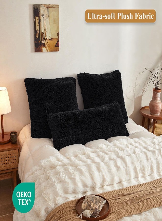 XeGe 26x26 Fluffy Faux Fur Euro Throw Pillow Covers, Pack of 2 Shaggy Fuzzy Soft Euro Pillow Shams with Zipper, Large Farmhouse Plush Furry Square Cushion Covers Decorative Home Accent, Black - Image 3