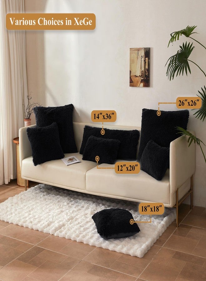 XeGe 26x26 Fluffy Faux Fur Euro Throw Pillow Covers, Pack of 2 Shaggy Fuzzy Soft Euro Pillow Shams with Zipper, Large Farmhouse Plush Furry Square Cushion Covers Decorative Home Accent, Black - Image 4