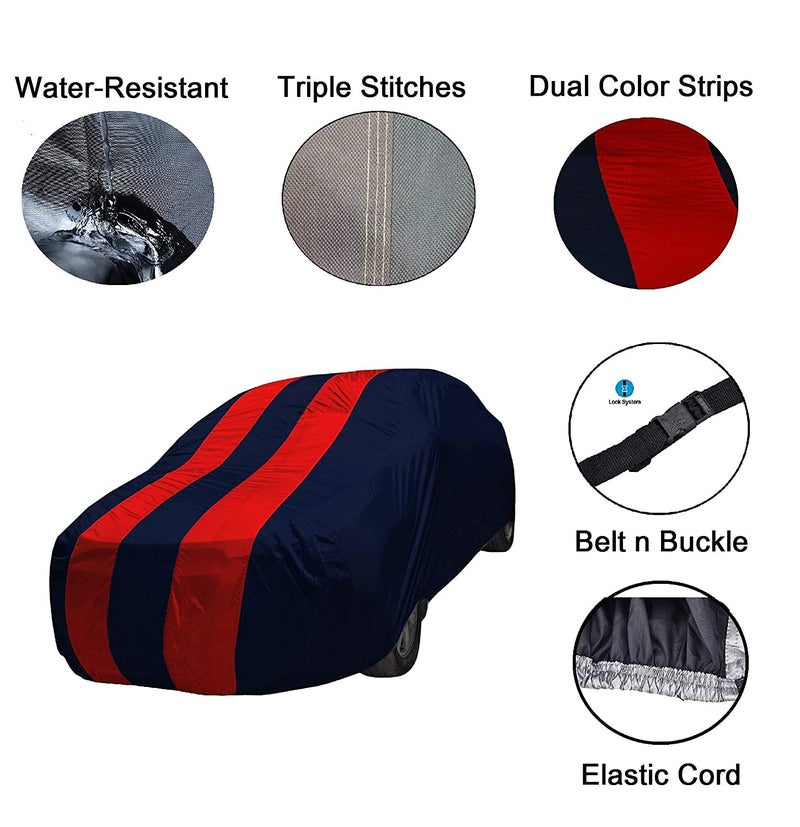 Auto Hub Car Cover Compatible with Maruti Swift (Model : 2005-2017) with Mirror Pocket, Weather Proof, Triple Stitched, Swift Car Cover- Navy-Red - Image 2