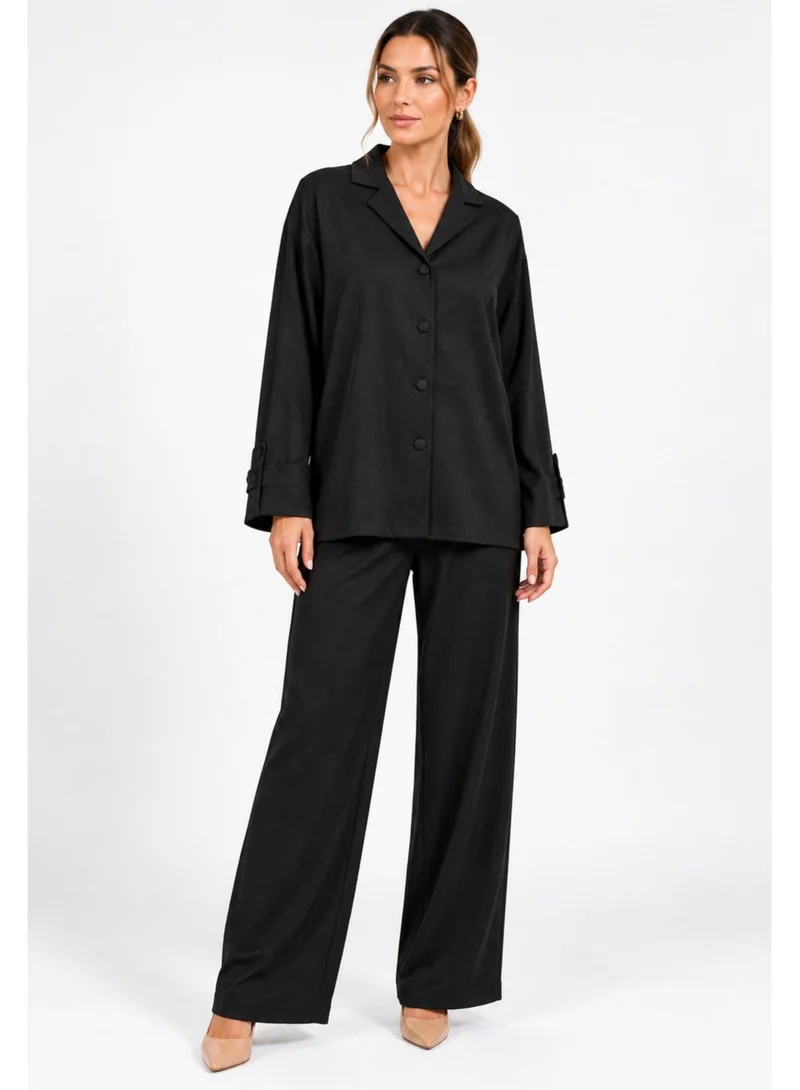 Nikias Nikias Black American Linen Trouser Set with Coat Collar