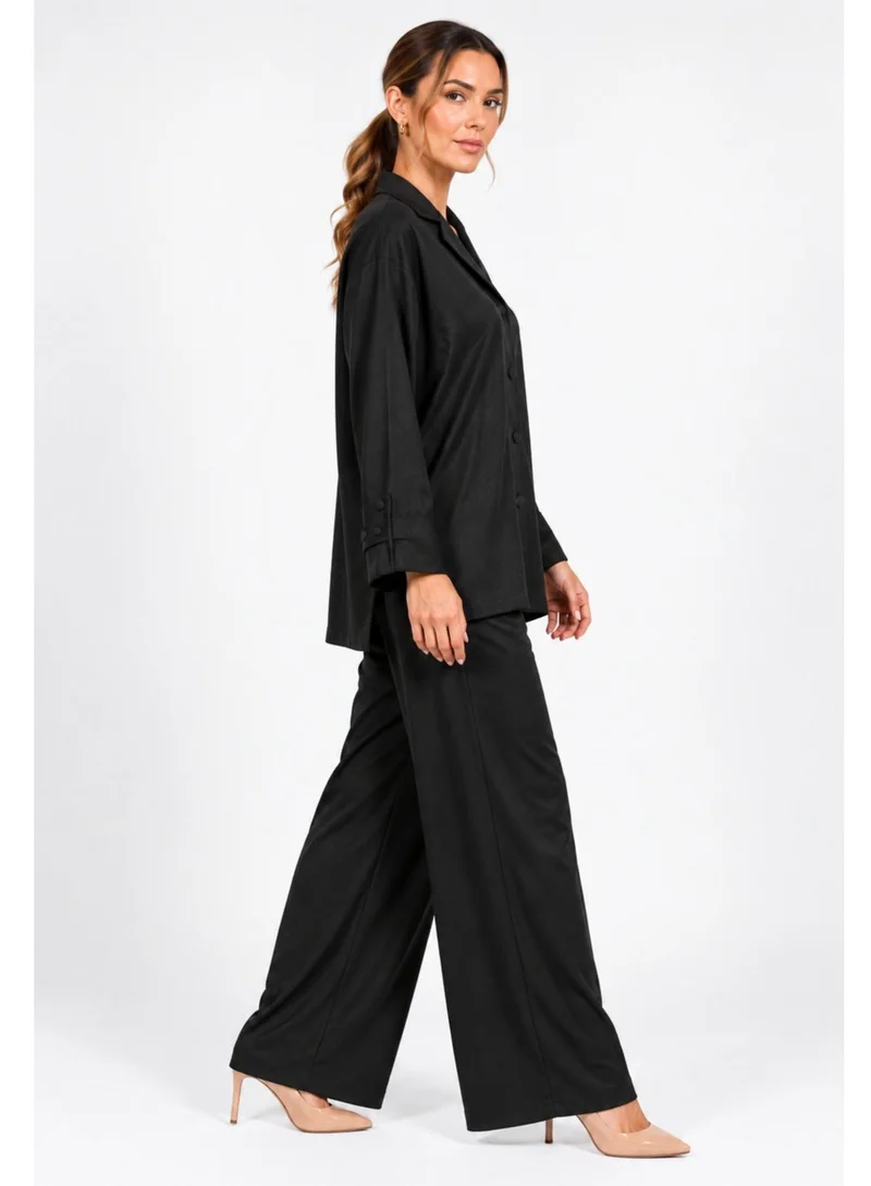 Nikias Nikias Black American Linen Trouser Set with Coat Collar