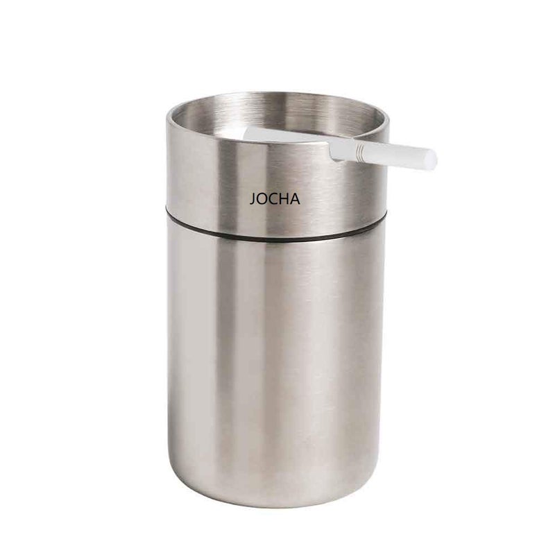 JOCHA Car Ashtray with lid smell proof Stainless Steel Portable Smokeless Detachable Windproof Self Extinguishing Butt Bucket Ash Tray for Most Car Cup Holder for Outdoor Travel Home Office (Silver) - Image 1