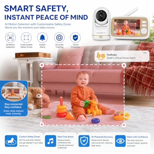 WONEYA Smart Baby Monitor, 5" HD IPS Screen, 1500ft Long Range, 48 Hours Battery, White Noises & Lullabies, 2K HD Camera, Customizable Safe Zones, Motion Detection, VOX, Free Secure Phone App - Image 4
