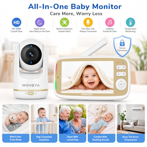 WONEYA Smart Baby Monitor, 5" HD IPS Screen, 1500ft Long Range, 48 Hours Battery, White Noises & Lullabies, 2K HD Camera, Customizable Safe Zones, Motion Detection, VOX, Free Secure Phone App - Image 5