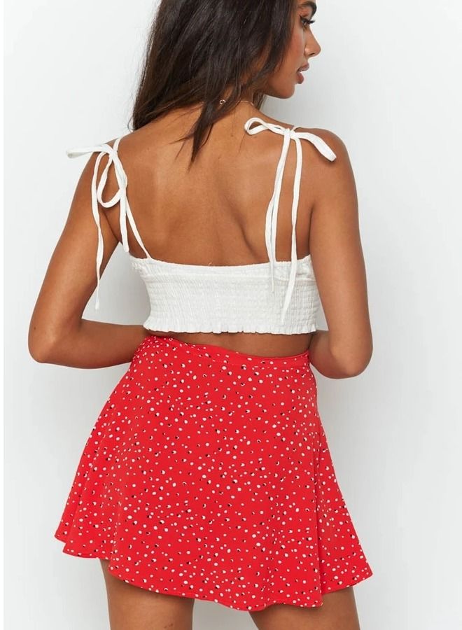 Loquat Women's Summer Wrap High Waist Printed Ruffle Skirt Short Mini Umbrella Zipper Skirts Red Mix  - Image 2