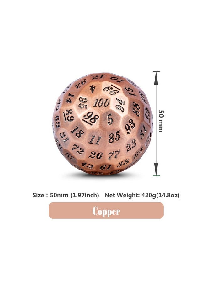 دي أن دي أن دي نرد معدني D100 متعدد السطوح بقطر 50 مم، 100 وجه، مع علبة معدنية وحقيبة مخملية (نحاسي مع رقم أسود) - Image 2