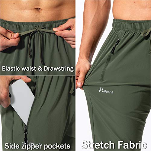 Pudolla Men's Workout Athletic Pants Elastic Waist Jogging Running Pants for Men with Zipper Pockets(Olive Large) - Image 5