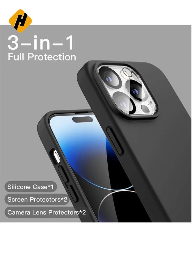 3 in 1 Silicone Case for iPhone 14 Pro Max 6.7-Inch, with 2-Pack Screen Protector and 2-Pack Camera Lens Protector, Full Coverage Tempered Glass Film