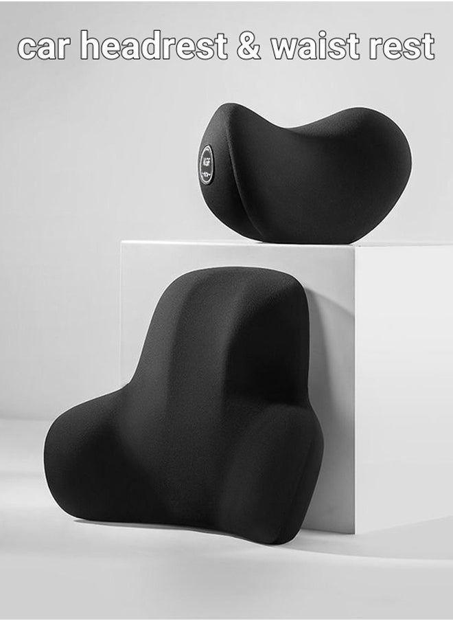 Generic Car Headrest Neck Pillow and Lumbar Support Set for Car Seats Relieve Neck and Back Pain Memory Foam Head Pillow Ergonomically Designed Car Seat Black  - Image 1