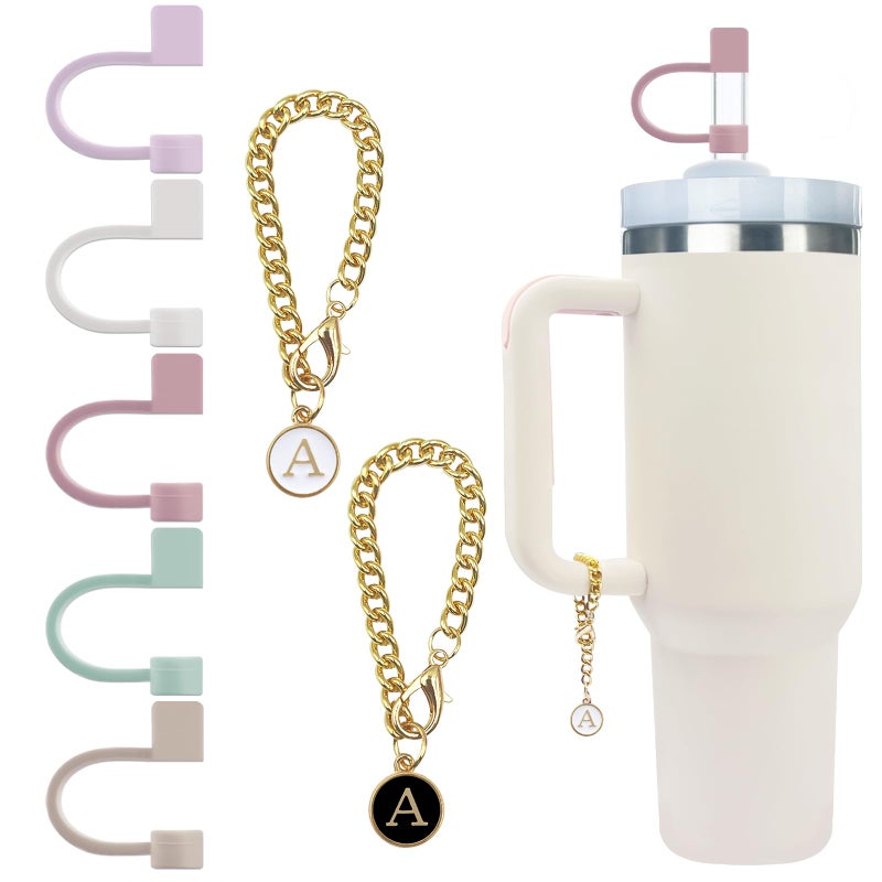 Velaco 5Pcs Silicone Straw Covers Cap and 2 PCS Letter Charm Accessories Chains with Initial Letter for Stanley 20 30 40 oz Tumbler with Handle